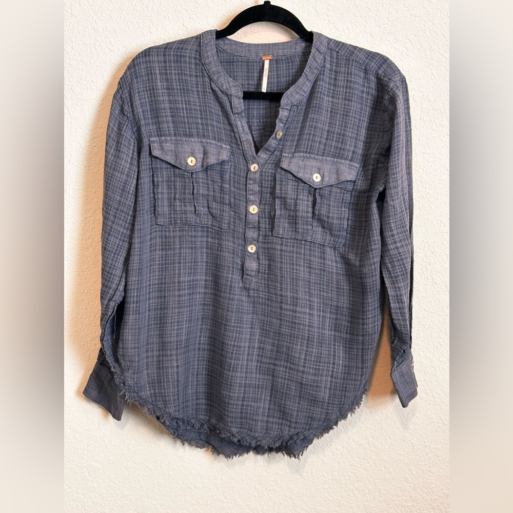 Free People We The‎ Free Blue Plaid Popover Top Raw Hem Boho XS